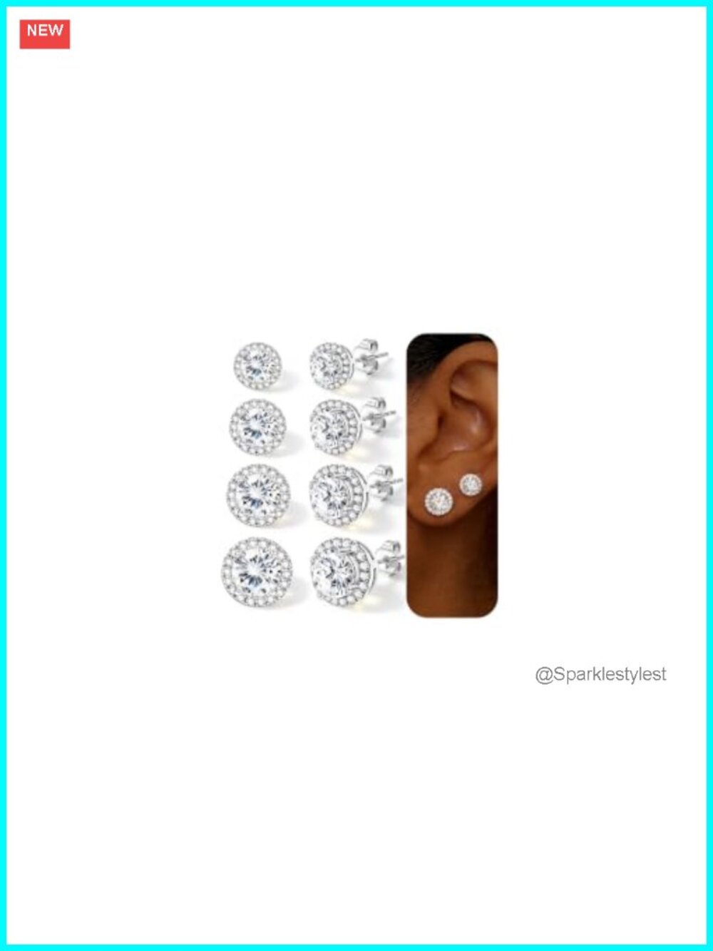 4 Pairs 18K Silver Plated Stud Earrings Cubic Zirconia Halo Round Square Set